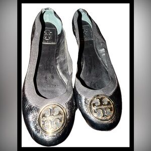 Tory Burch Black Flats with Gold Emblem